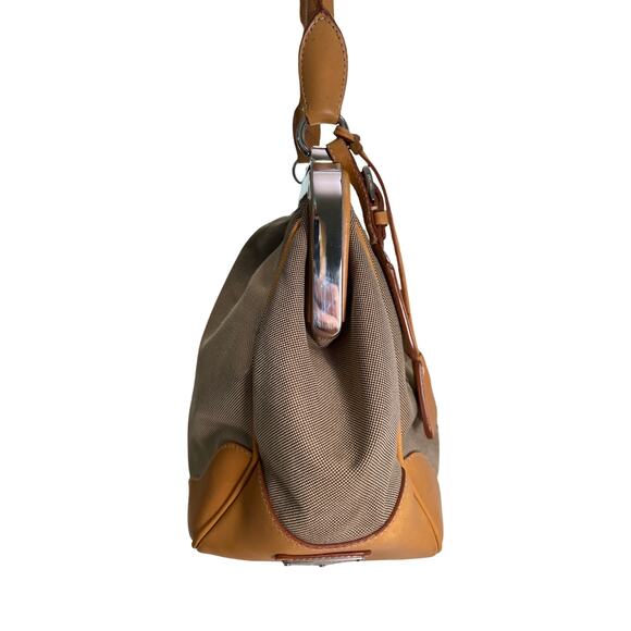 Prada Canapa Jacquard Canvas & Leather Frame Satchel Tote Bag Brown Tan Vintage - Picture 4 of 16